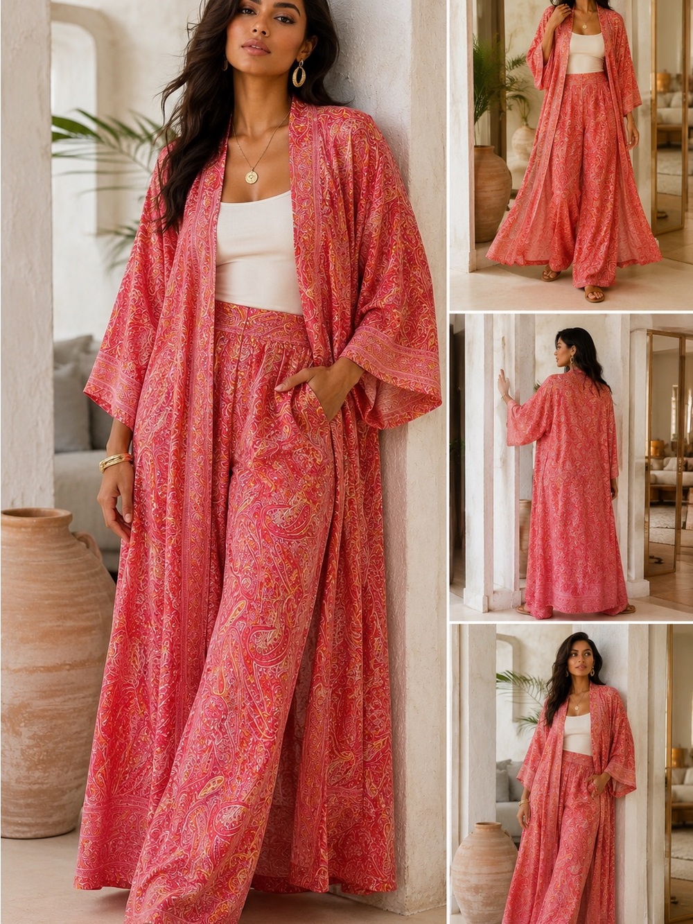 Made in India silk blend Paisley Lounge Set Kimono & Wide-Leg Pants